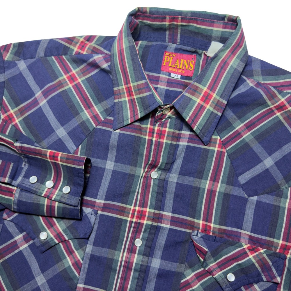 Ely Plains Vintage 90s Western Pearl Snap Plaid Shirt Mens Medium Navy Green Red